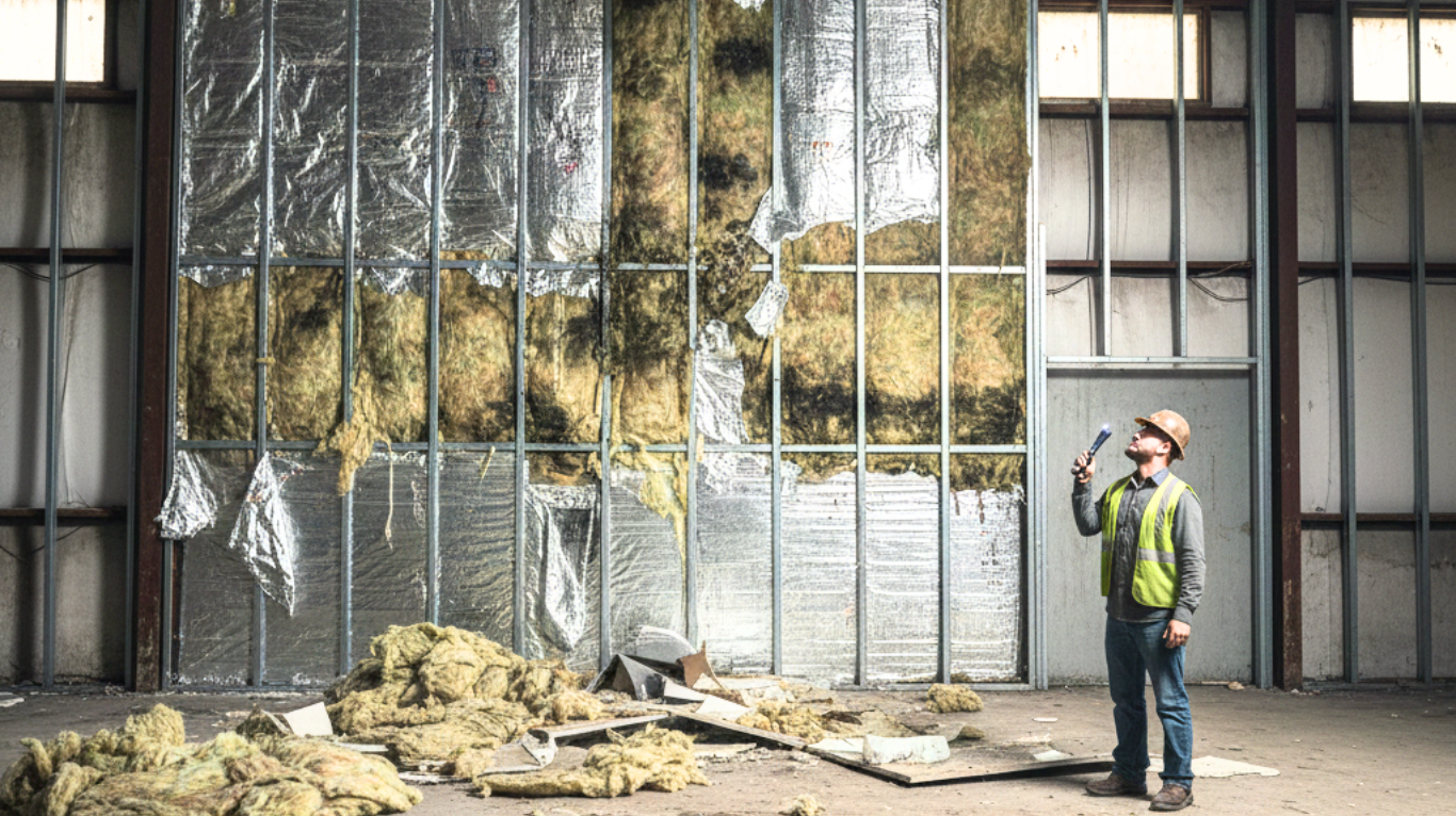 Industrial building wall with damaged insulation exposed during inspection and removal work.