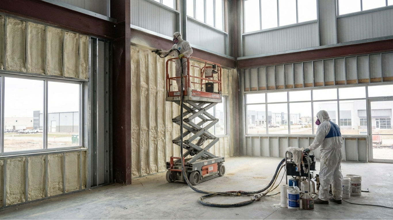 Technicians installing spray foam insulation inside a large commercial building using lift equipment.