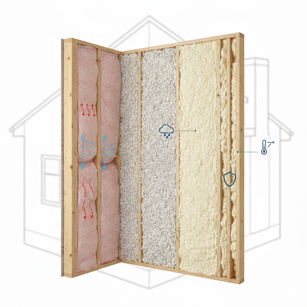 Comparison of fiberglass batt insulation, blown-in insulation, and spray foam insulation inside a wall assembly showing airflow, moisture resistance, and thermal performance differences.