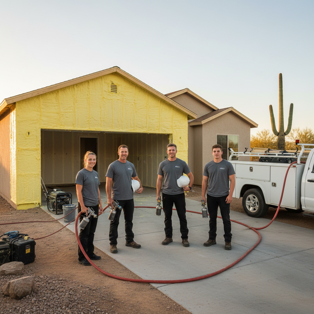 Spray foam insulation crew standing in front of a home with newly applied exterior foam insulation, holding spray equipment and preparing for installation in a desert climate.
