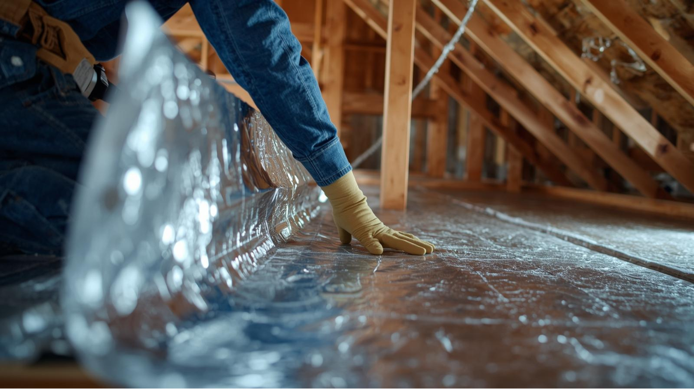 Installer placing reflective foil across the attic floor during radiant barrier installation.