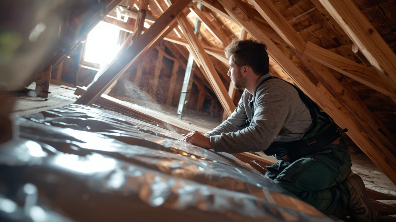 Technician positioning radiant barrier material inside an attic to reduce roof heat transfer.