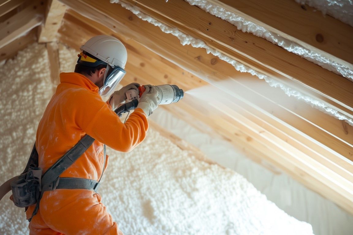 Worker in orange jumpsuit spraying foam insulation into a wooden attic.