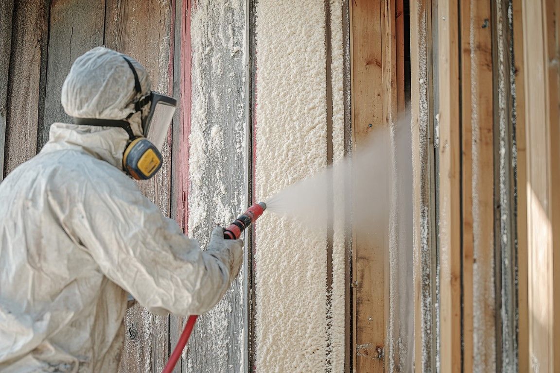 Person in protective suit spraying insulation onto wooden wall.