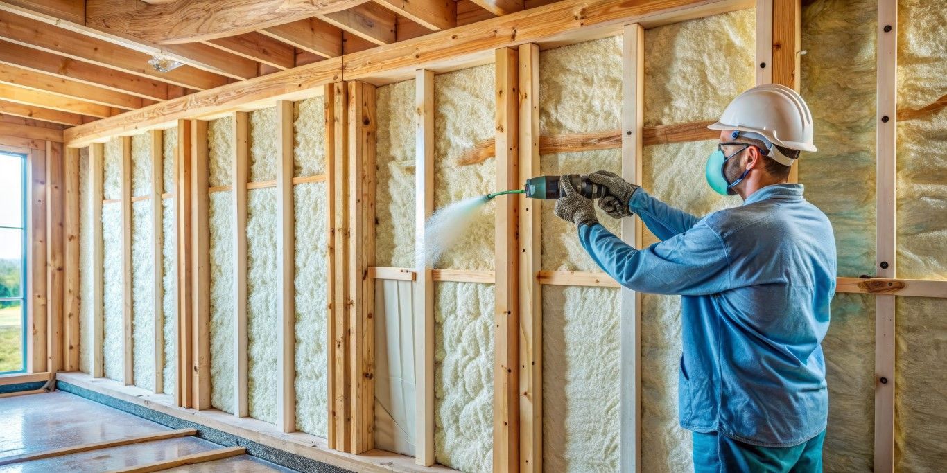 A construction worker spraying insulation into wooden wall studs, wearing a mask and hard hat.