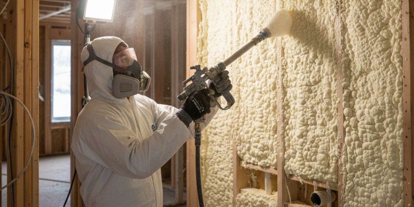 Spray foam technician wearing protective suit and respirator applying expanding foam insulation to interior wall studs during residential construction.
