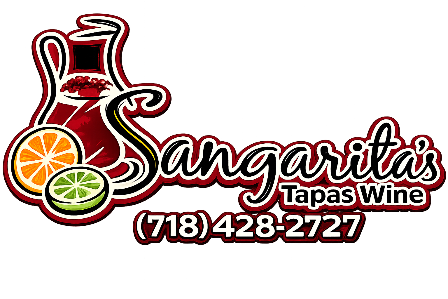 Sangarita's Tapas Wine logo with a pitcher, orange/lime slice, and phone number (718) 428-2727.