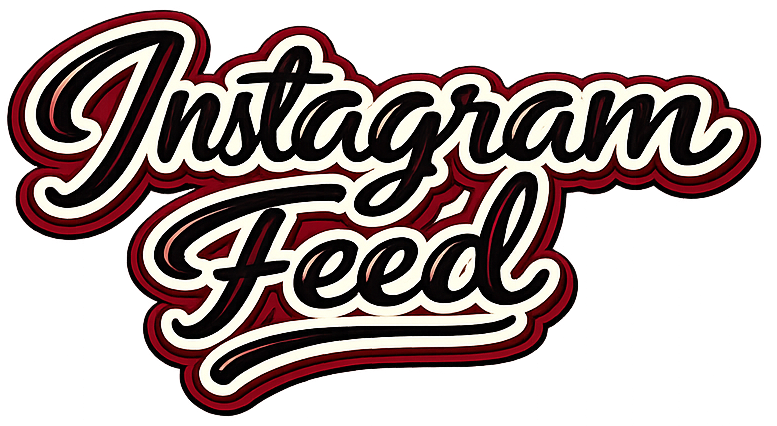 Instagram Feed logo in stylized script font, red and cream outline, on a maroon background.