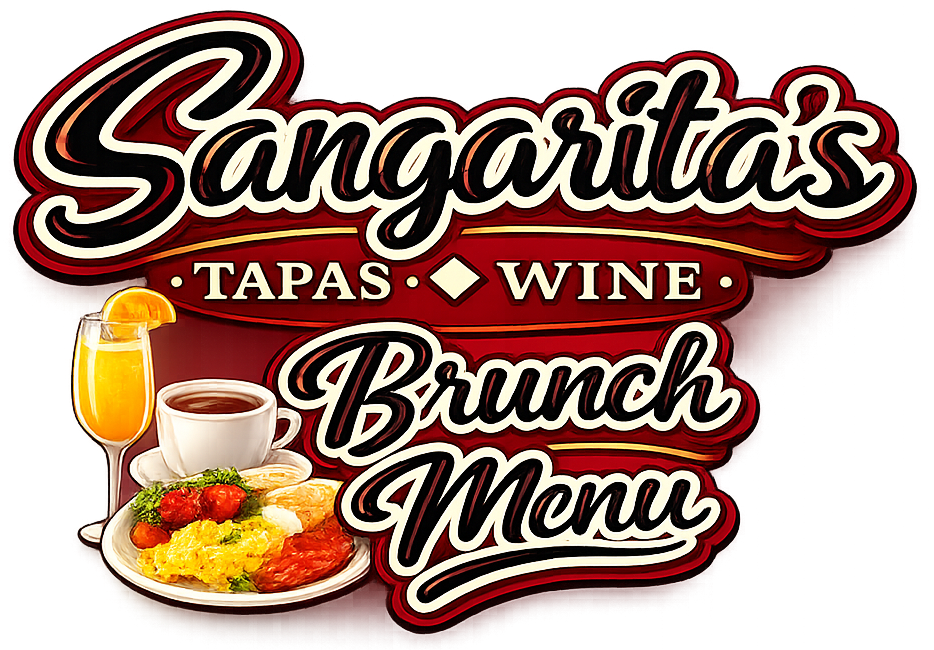 Sangarita's Brunch Menu logo with food, drink, and text in red and white.