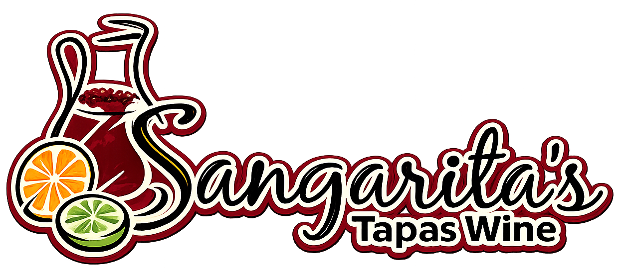 Logo for Sangarita's, a tapas and wine restaurant. Features a pitcher, citrus slices, and text on a white background.