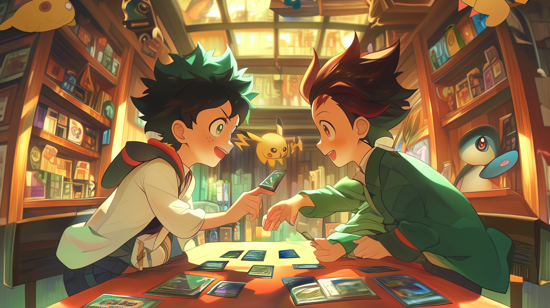 Two young boys playing a trading card game together.