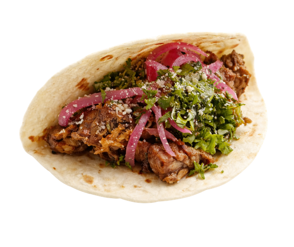 A flour tortilla taco filled with seasoned meat, fresh cilantro, red onion, and a sprinkle of white cheese.