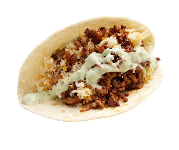 A single taco on a flour tortilla filled with seasoned ground meat, rice, and topped with a creamy green sauce.