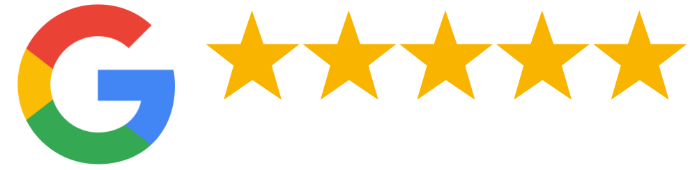 The Google logo placed to the left of five solid gold stars, representing a five-star rating.