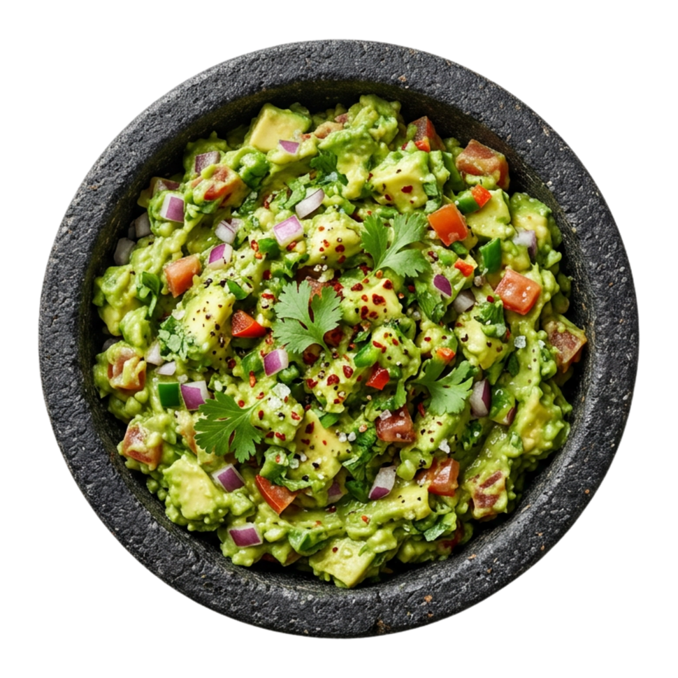 Guacamole with diced tomatoes, onions, and cilantro in a dark grey stone bowl.
