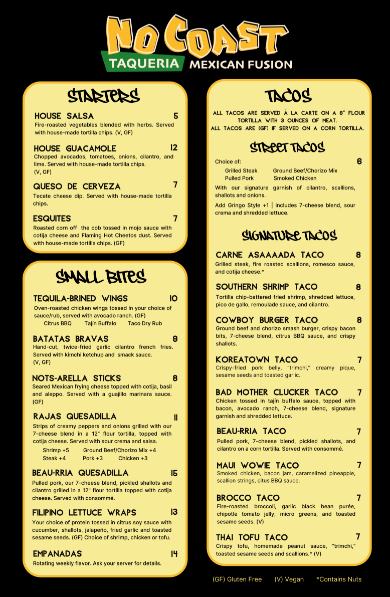 Menu for No Coast Taqueria, listing appetizers, small plates, and a variety of fusion tacos on a yellow background.