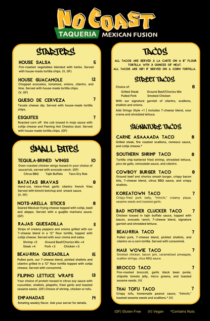 Menu for No Coast Taqueria, listing appetizers, small plates, and a variety of fusion tacos on a yellow background.