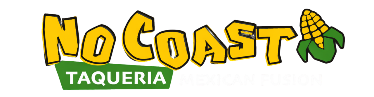 Logo for No Coast Taqueria featuring yellow, stylized text, a green banner with the word 