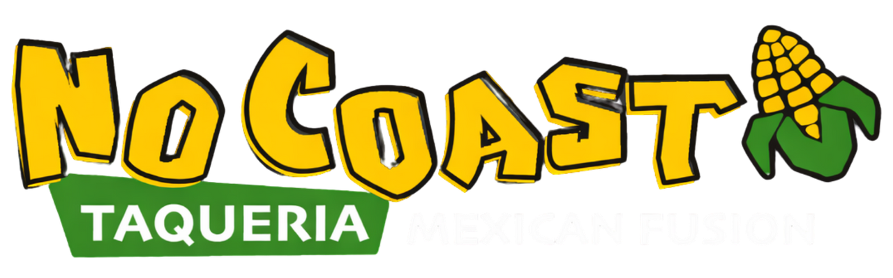 The logo for No Coast Taqueria, featuring yellow lettering on a green background with a cartoon corn cob on the right.