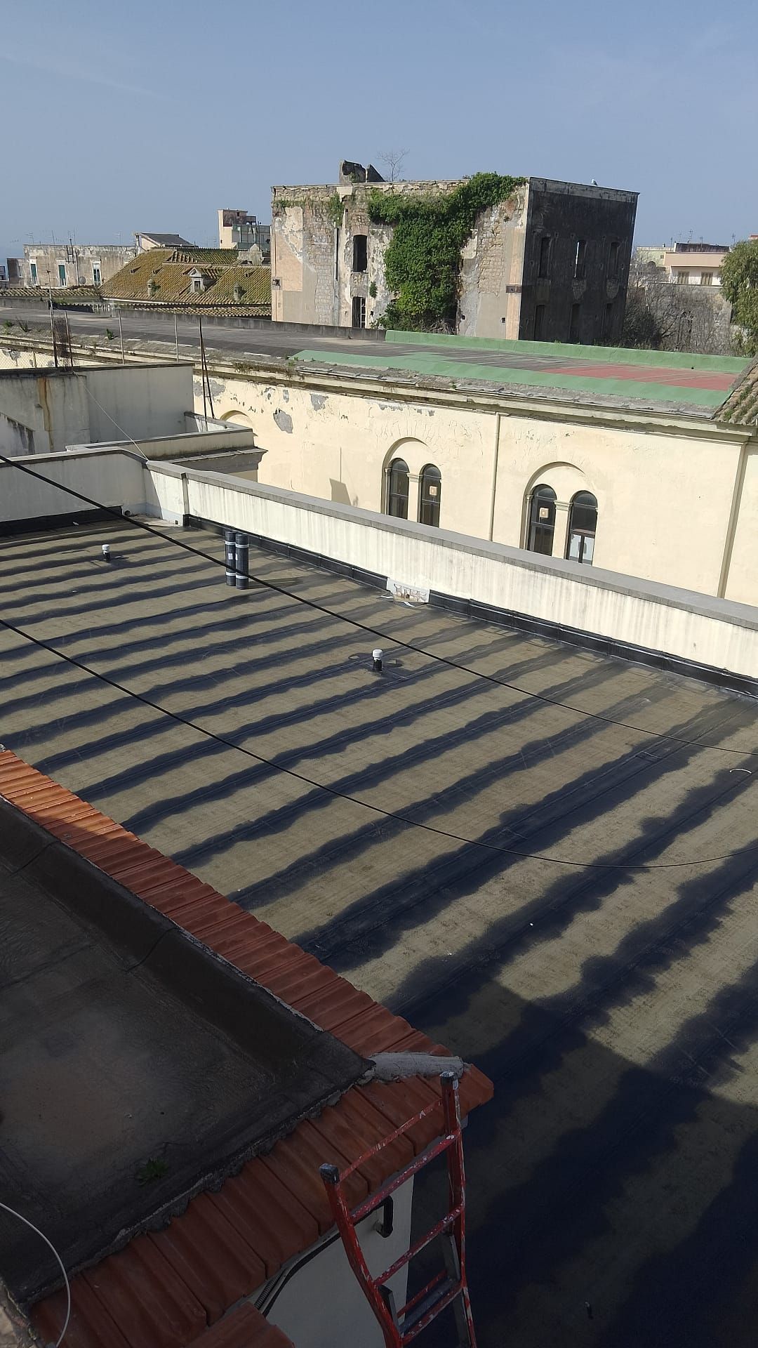 C'è una scala sul tetto di un edificio.