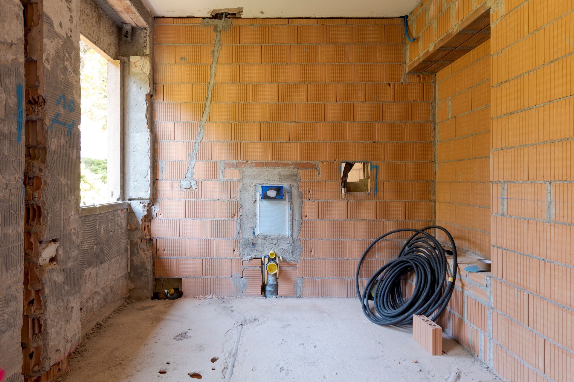 Una stanza vuota con muri di mattoni e una finestra.