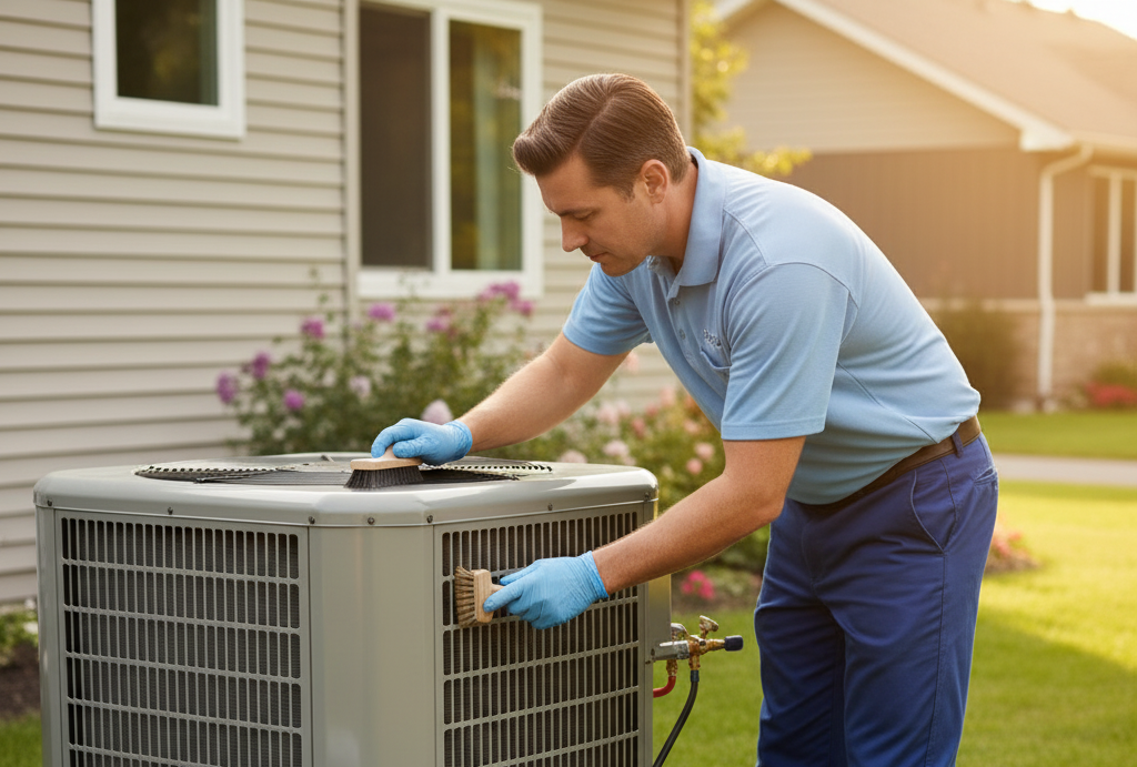 Man cleaning outdoor AC unit with a brush