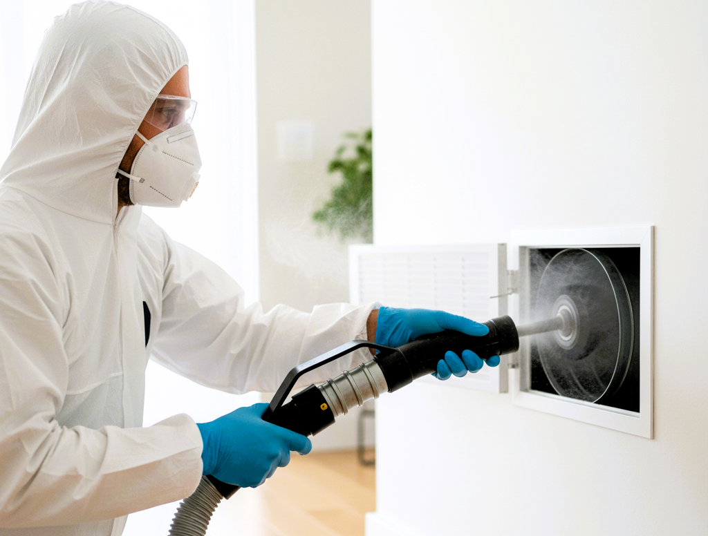 Technician in PPE sanitizing air duct vent.
