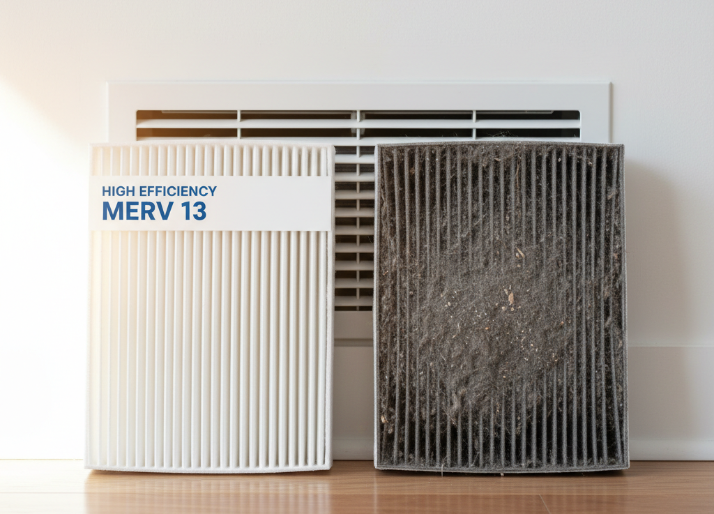 New MERV 13 air filter next to dirty, used HVAC filter