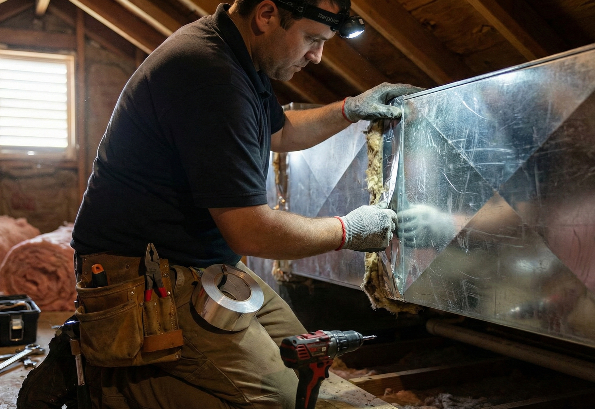 HVAC technician performing air duct repair in an attic