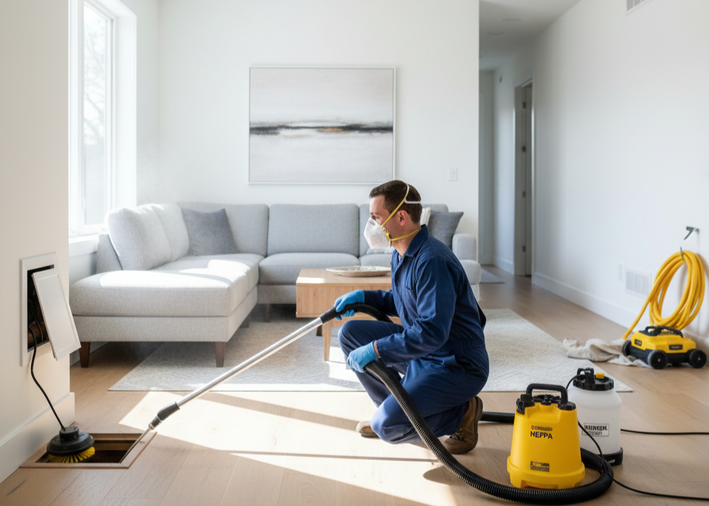 HVAC technician applying antimicrobial sanitizer to home air ducts.