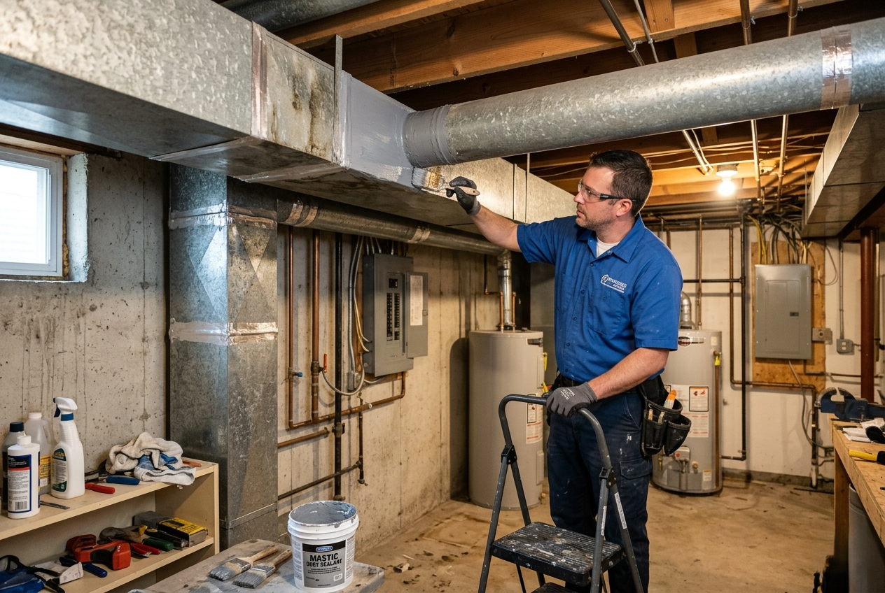 HVAC pro applying mastic sealant to metal ductwork in a basement.