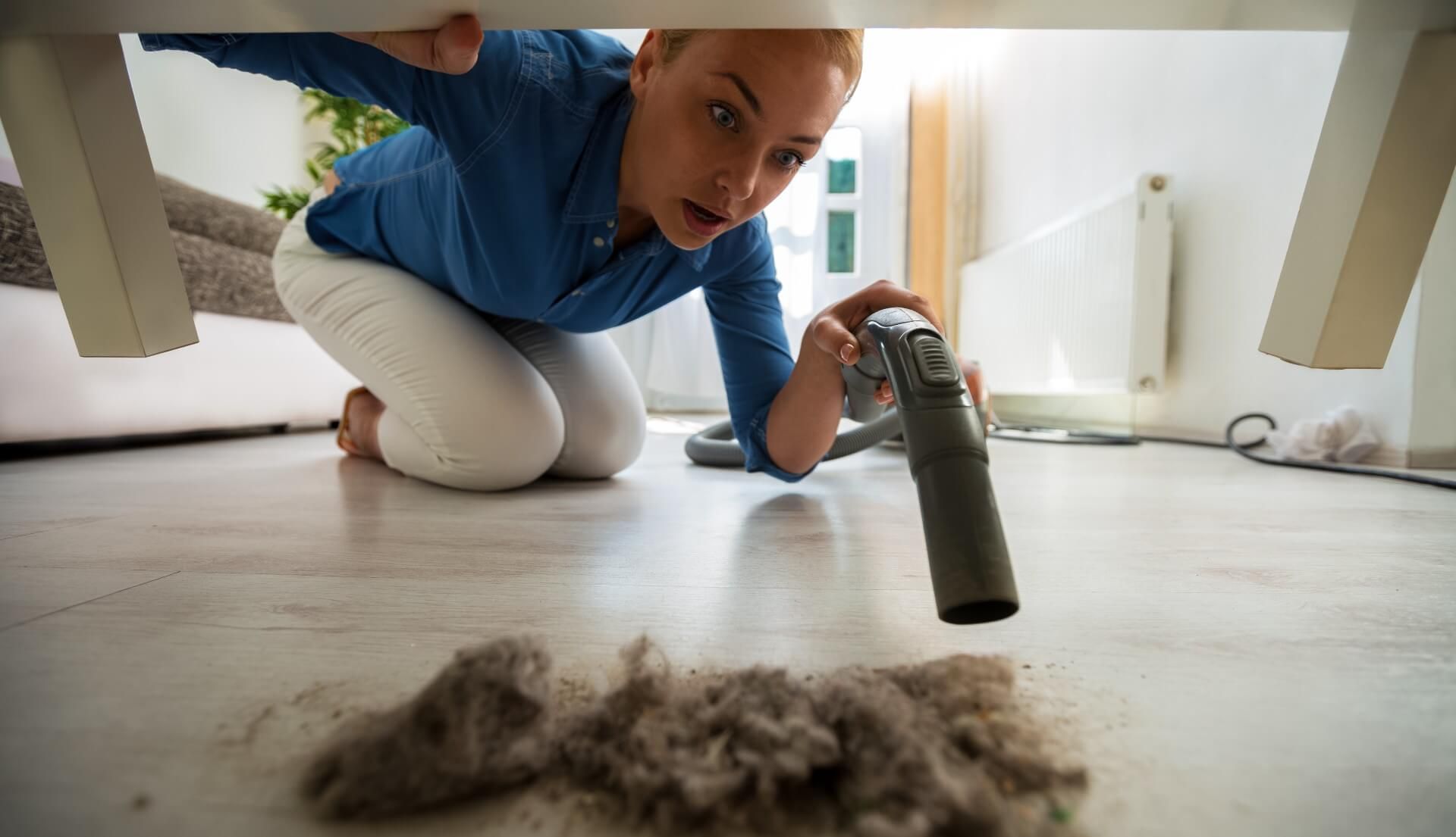 Woman cleaning the dust bunnies under furniture to get rid of dust mites