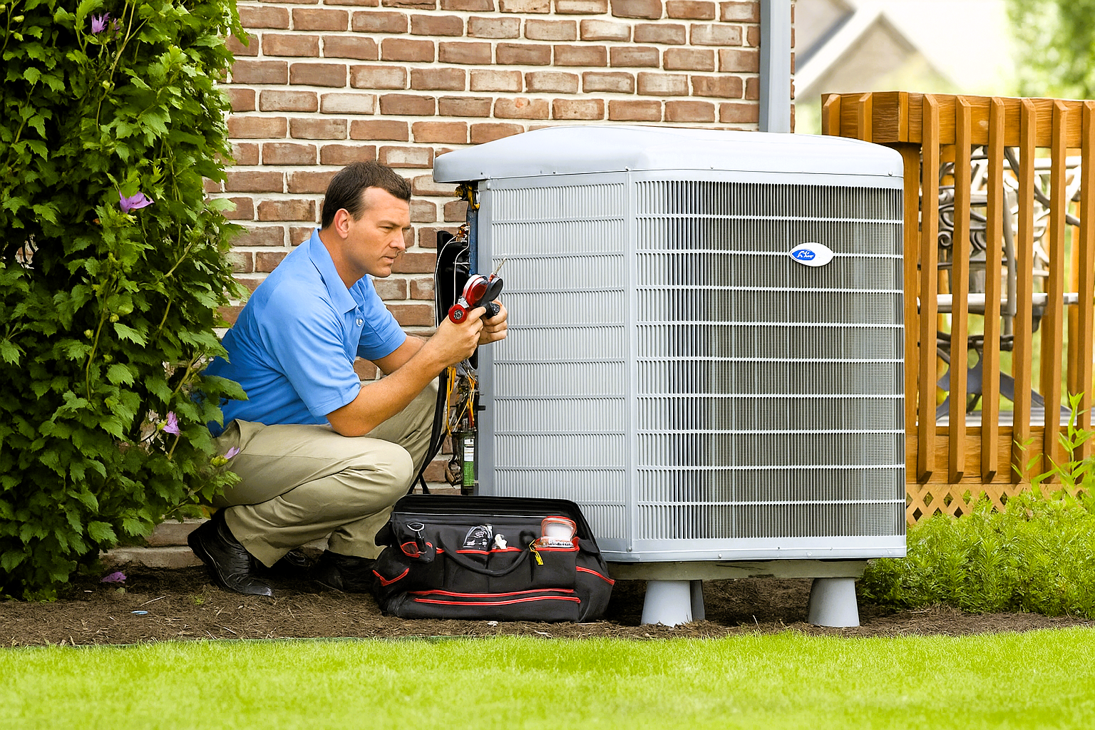 HVAC technician inspecting outdoor AC unit