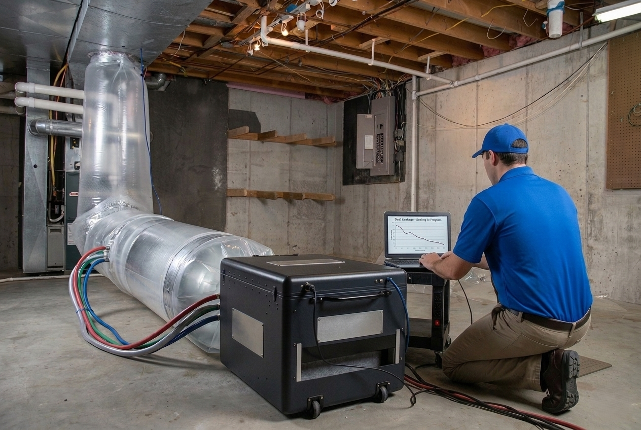 Technician using Aeroseal technology for modern air duct sealing in a Grand Rapids basement.