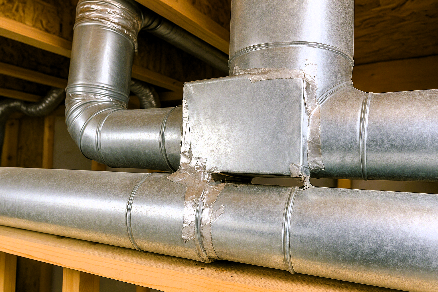 HVAC ductwork with connector and duct tape on wood frame
