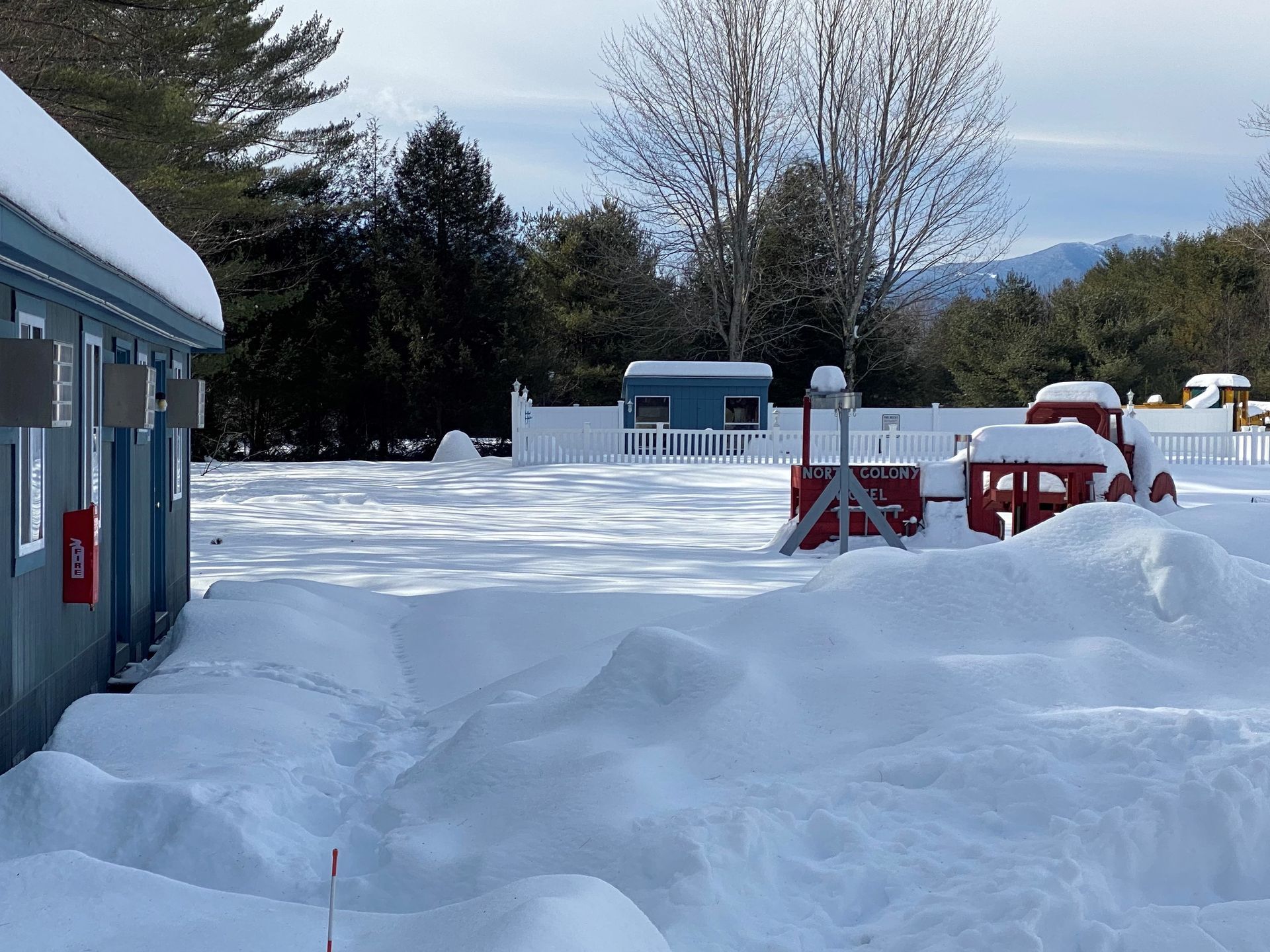 A snowy yard with a blue building in the background