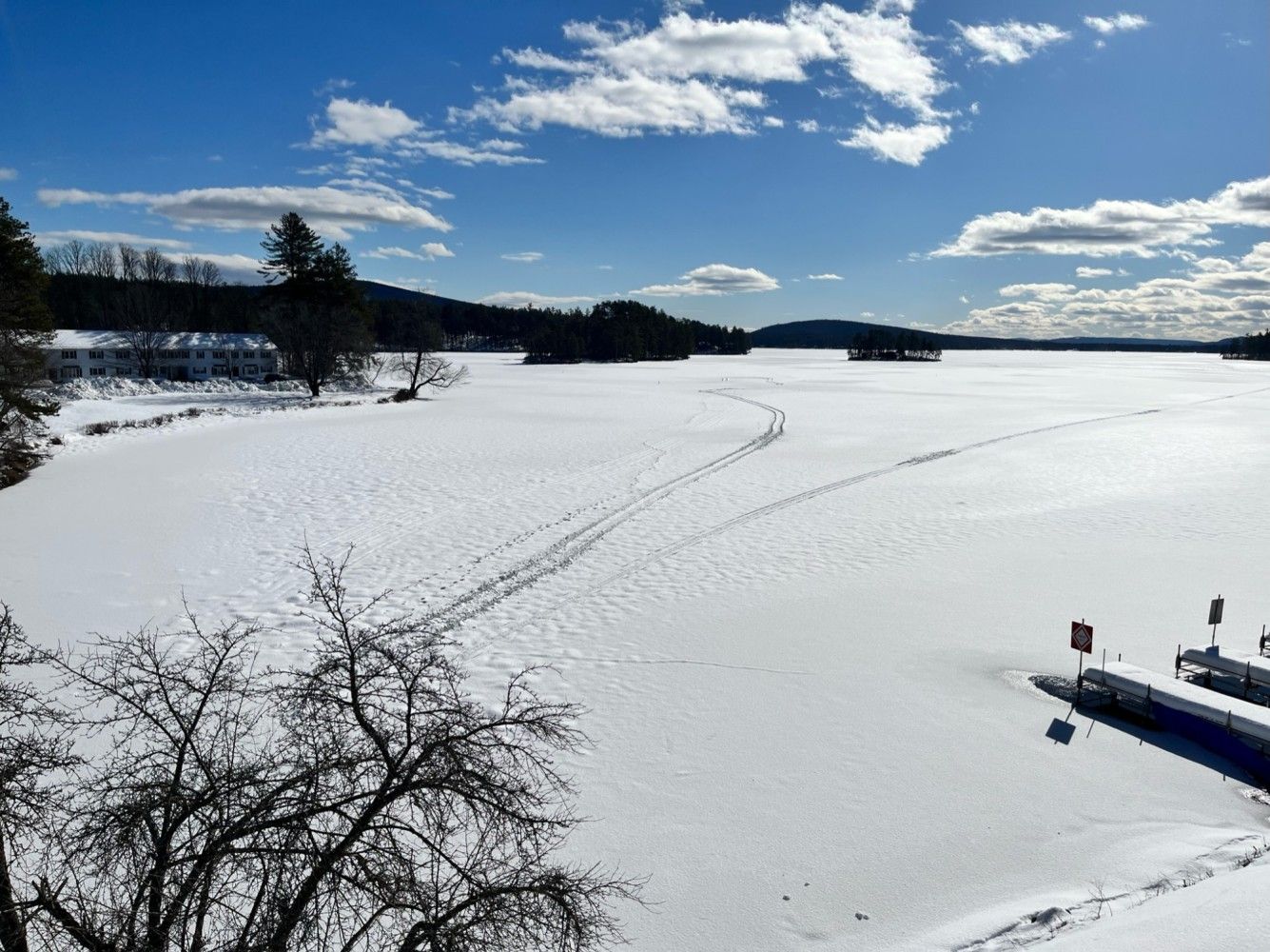 A large snowy field with trees in the foreground