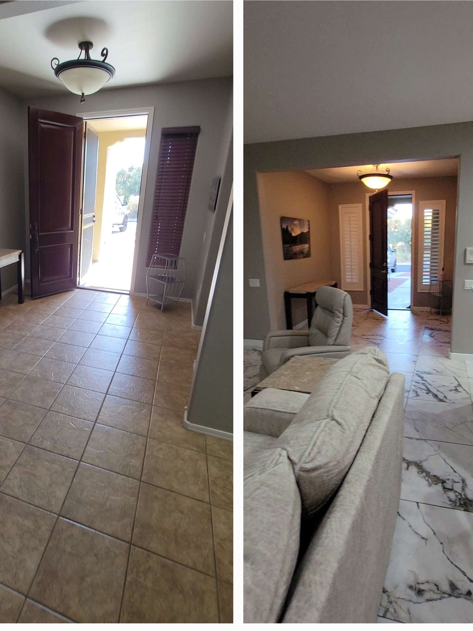 A before and after photo of a living room with a couch