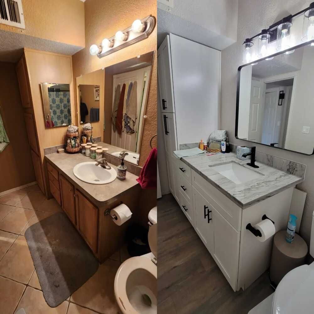 There is a before and after picture of a bathroom.