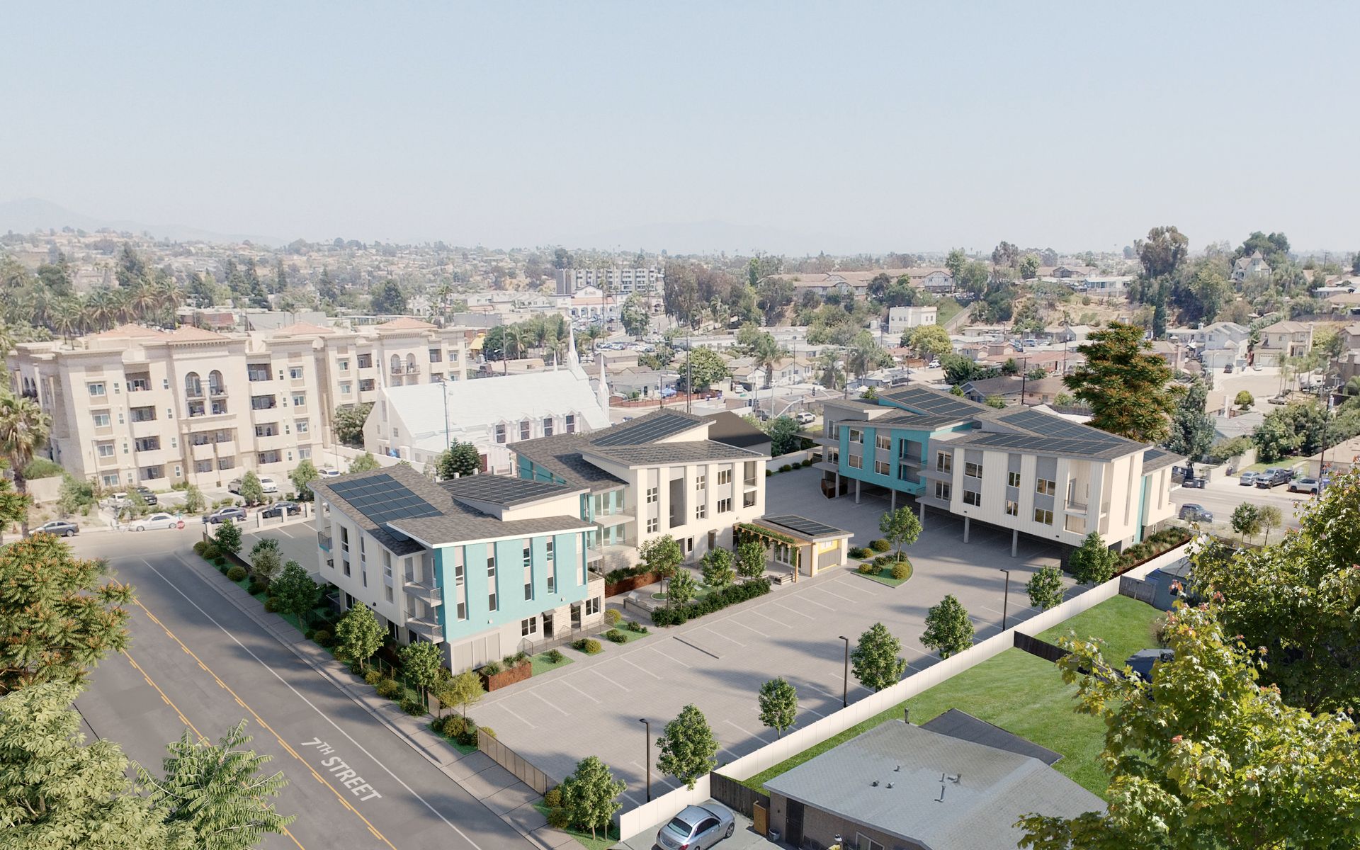 Rendering of the Talas community seen from a bird's eye point of view,  a bit far away