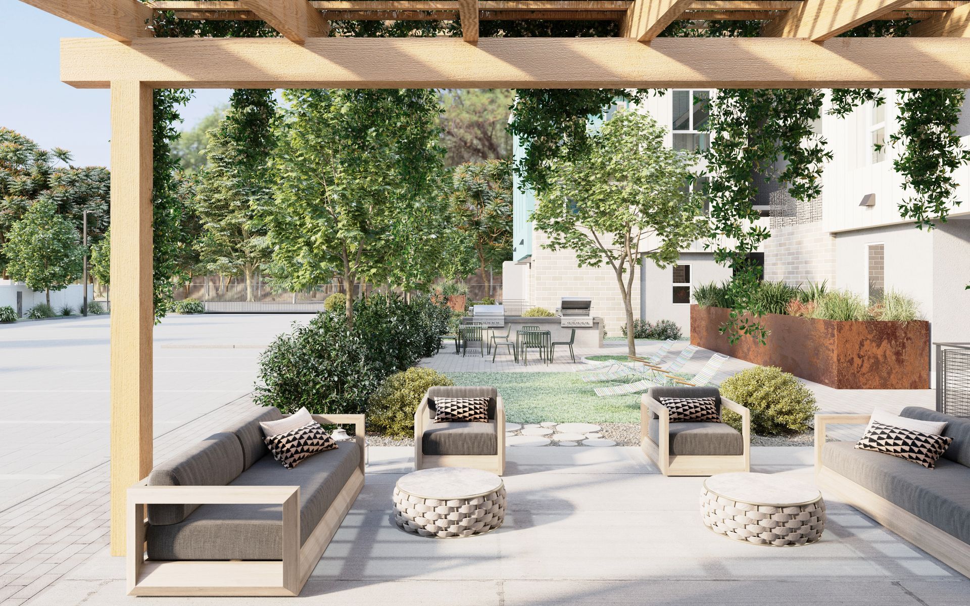 Rendering of  the couches and chairs at the outdoor lounge