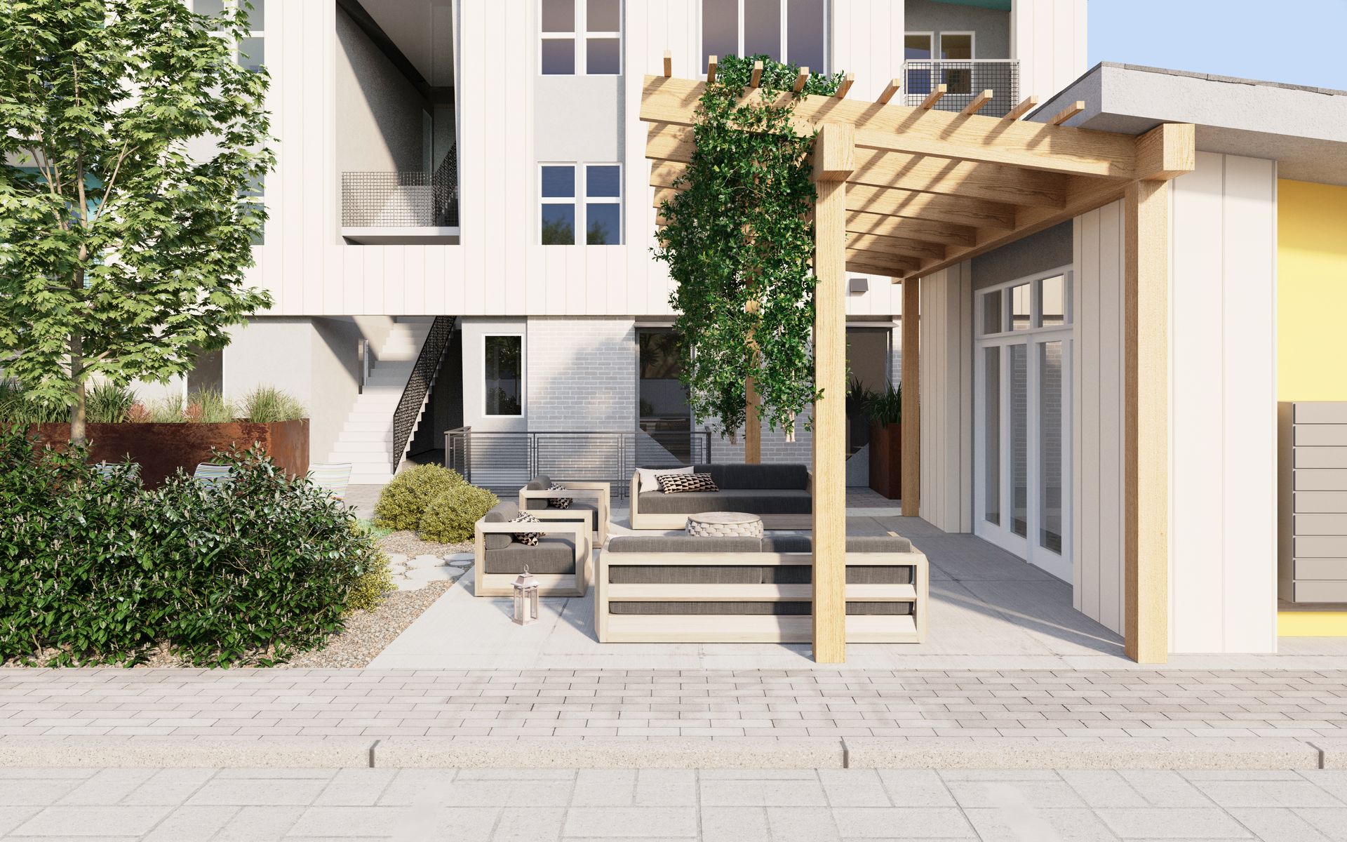 Rendering of an outdoor lounge at the community seen from a distance