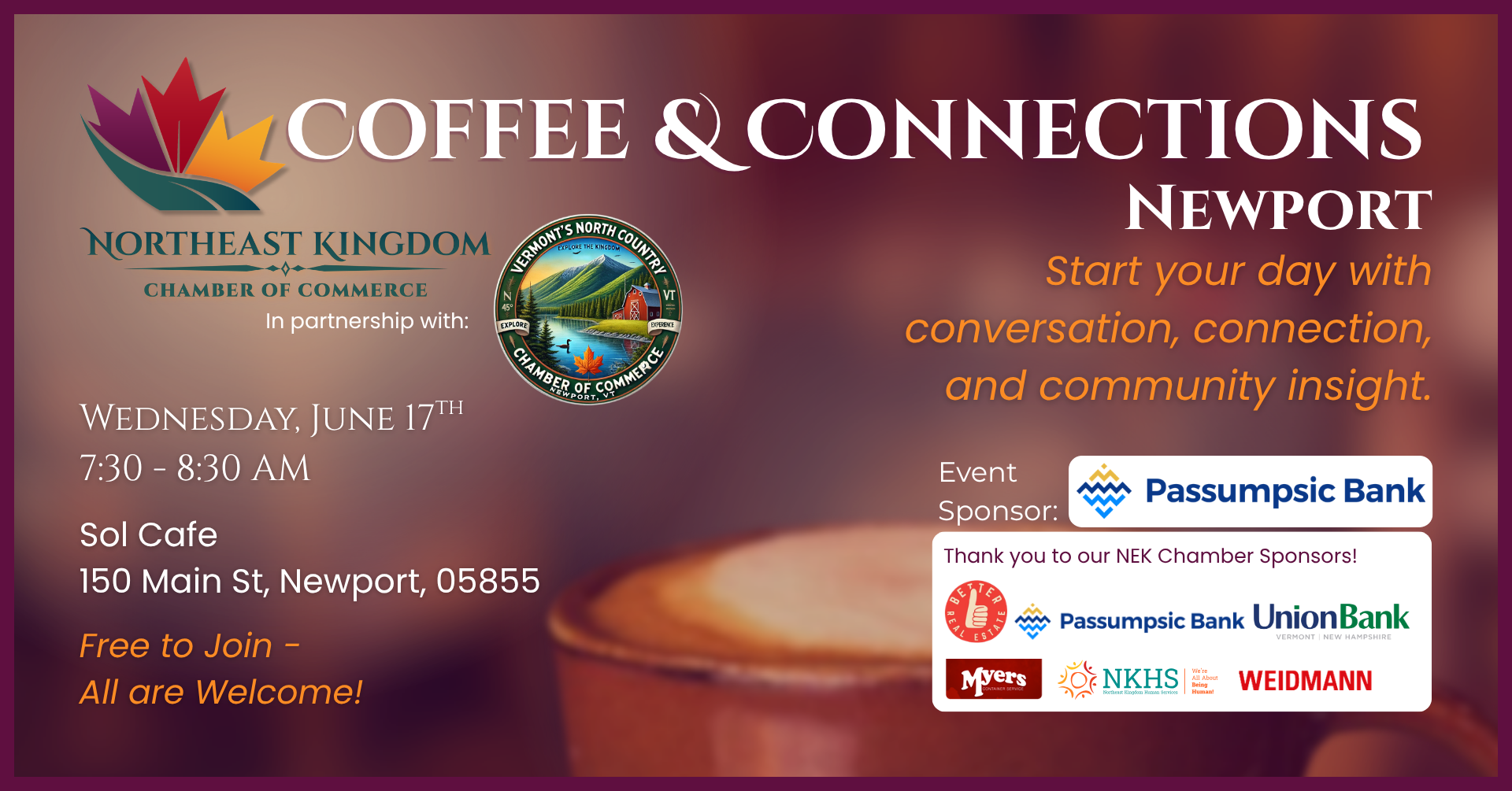 Join April Lane with Century 21 Farm & Forest Wednesday May 20th for Coffee & Connections from the NEK Chamber of Commerce in partnership with Vermont's North Country Chamber of Commerce.