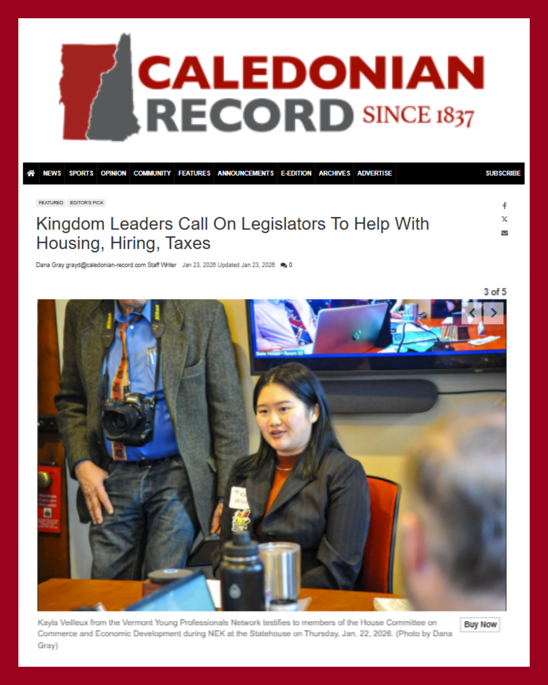 Kayla Veilleux, chair of the Northeast Kingdom Young Professionals Network, as seen in the Caledonian Record, testifies before the Vermont State Legislature at NEK Day 2026.