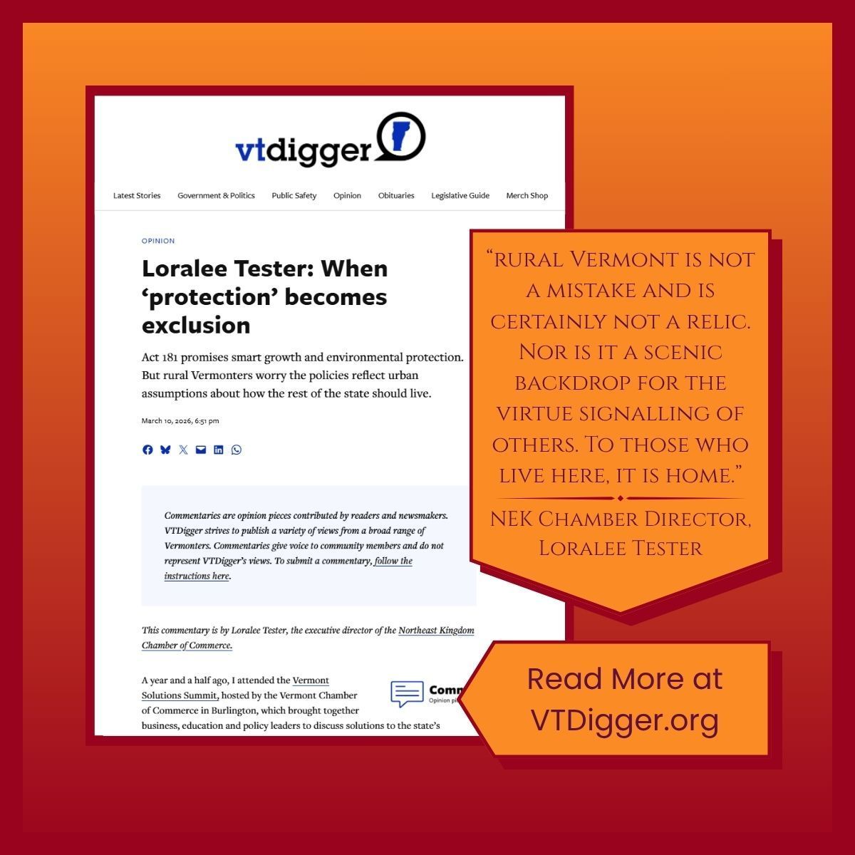 Northeast Kingdom Chamber of Commerce director Loralee Tester recently shared thoughts on Vermont Act 181 in an op ed in VTDigger.
