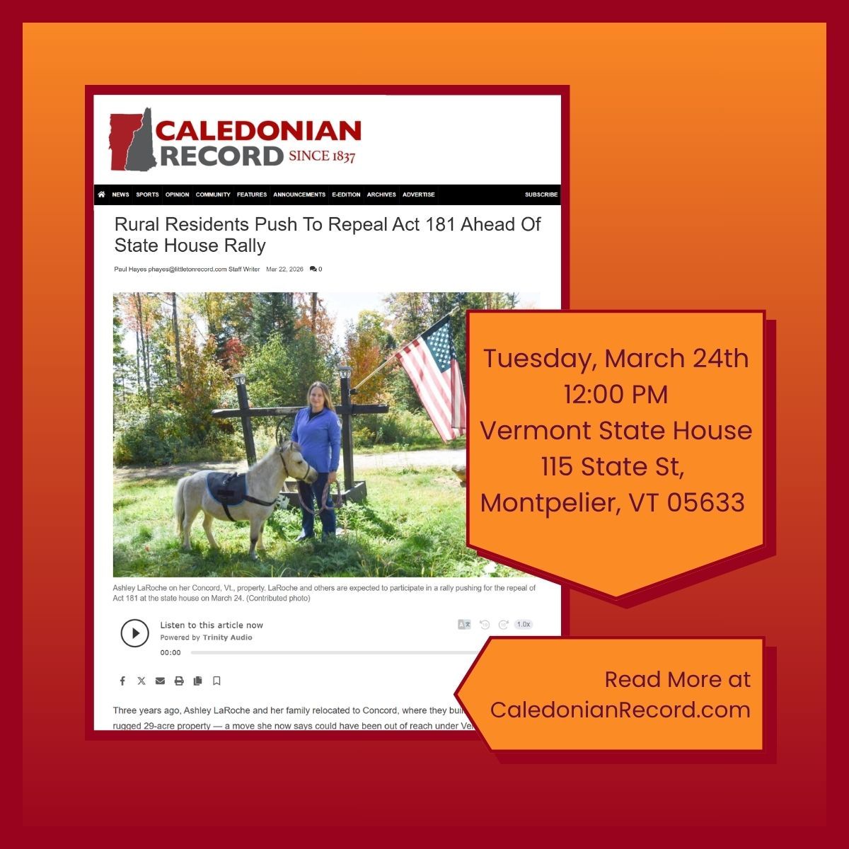 In a recent article from the Caledonian Record, one Concord, Vermont resident explained the impact of Act 181 legislation on their ability to build a life for their family.
