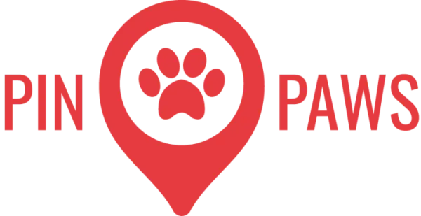 A red pin with a paw print and the words pin paws on it.