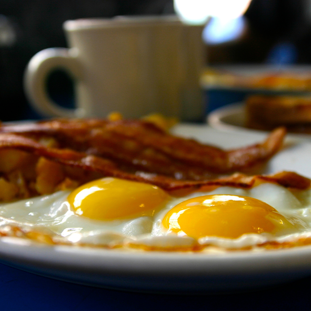 A close up of a plate of food with eggs and bacon