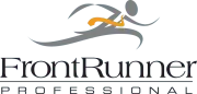 A logo for frontrunner professional with a runner and a finish line.