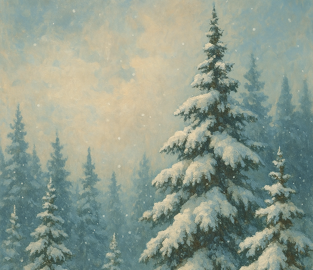 Snow covered trees in a forest.